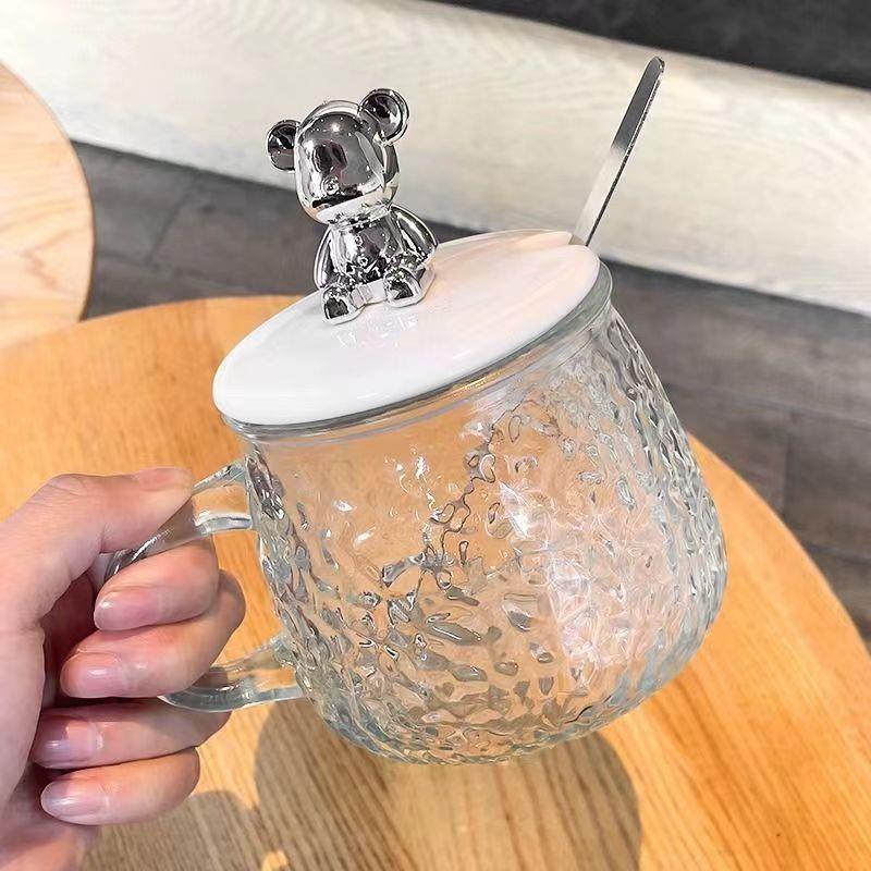 Bear Borosilicate Glass Mug | Hammered Ice Texture Breakfast Cup with Handle | Heat-Resistant Coffee & Milk Mug | Custom Logo Glass Cup